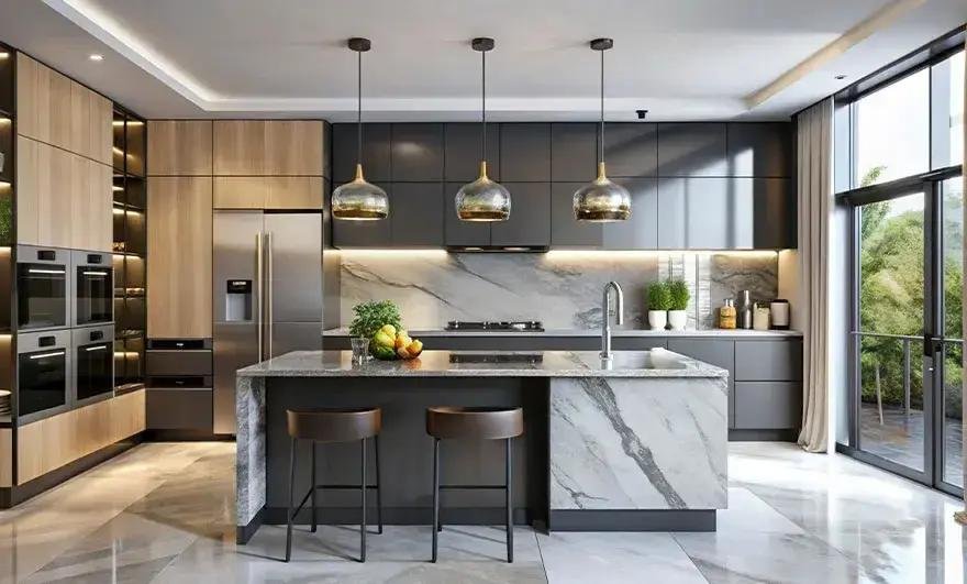 Modern kitchen with gold pendant lights